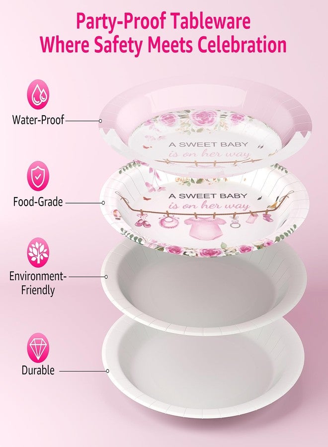 LLOERE 218 Pcs Baby Shower Decorations Girl, Baby Shower Party Plates and Cups and Napkins Sets,24-Pack Pink & Floral Design for Girl Gender Reveal Decorations,13-Piece Party Supplies for Baby Girls Themes - Image 4