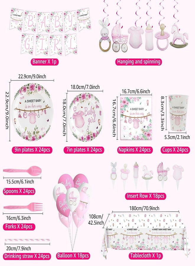 LLOERE 218 Pcs Baby Shower Decorations Girl, Baby Shower Party Plates and Cups and Napkins Sets,24-Pack Pink & Floral Design for Girl Gender Reveal Decorations,13-Piece Party Supplies for Baby Girls Themes - Image 2