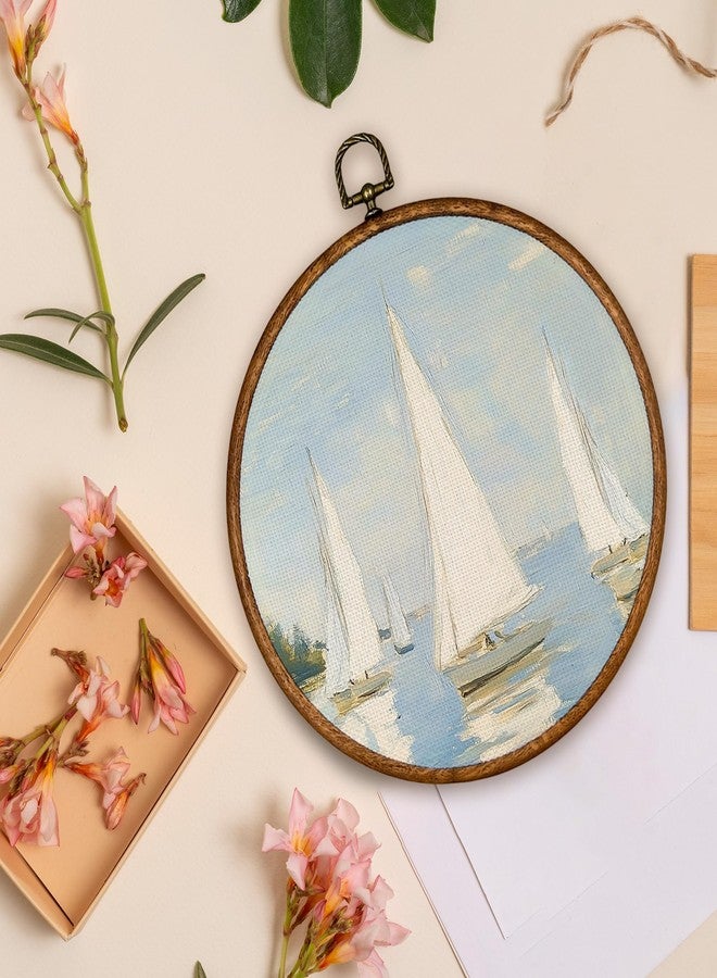 BCUANGD Vintage Sailboat Round Wall Art Decor - Retro Coastal Landscape Wall Art Canvas Frame Artwork Prints, Rustic Nautical Blue Seascape Round Wall Hanging Decorations for Home, 10"x10" - Image 4
