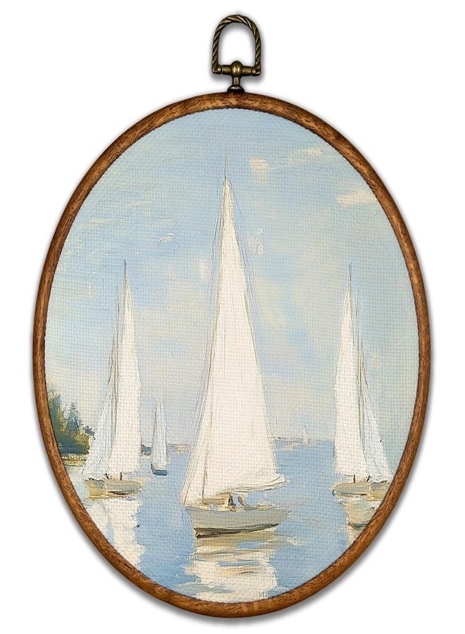 BCUANGD Vintage Sailboat Round Wall Art Decor - Retro Coastal Landscape Wall Art Canvas Frame Artwork Prints, Rustic Nautical Blue Seascape Round Wall Hanging Decorations for Home, 10"x10" - Image 1