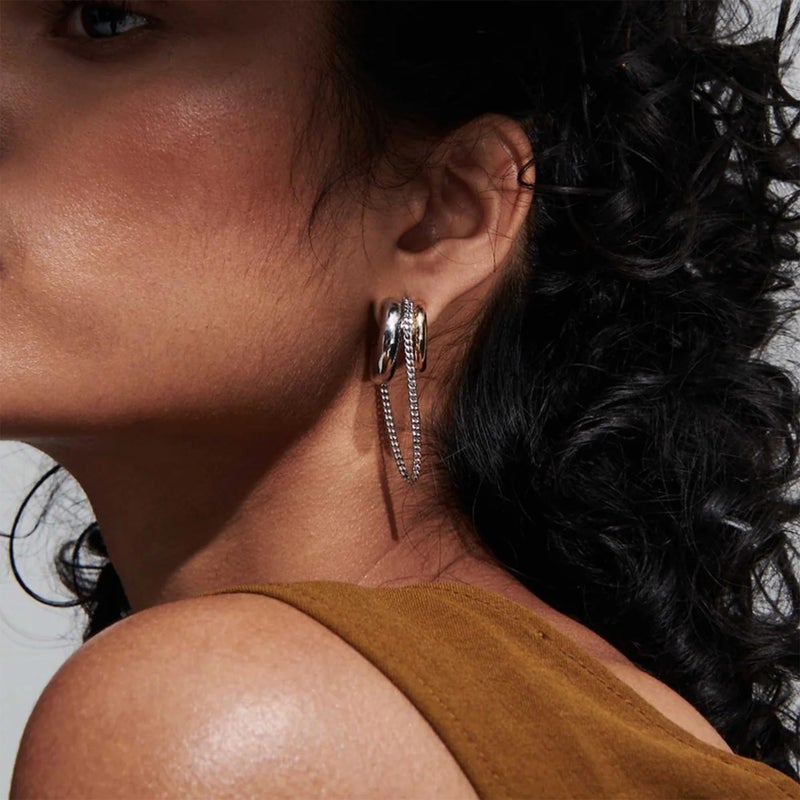 COORWEEL Silver Chain Tassel Hoop Earrings for Women Trendy Two Tone Dangling Chain Earrings Jewelry - Image 2