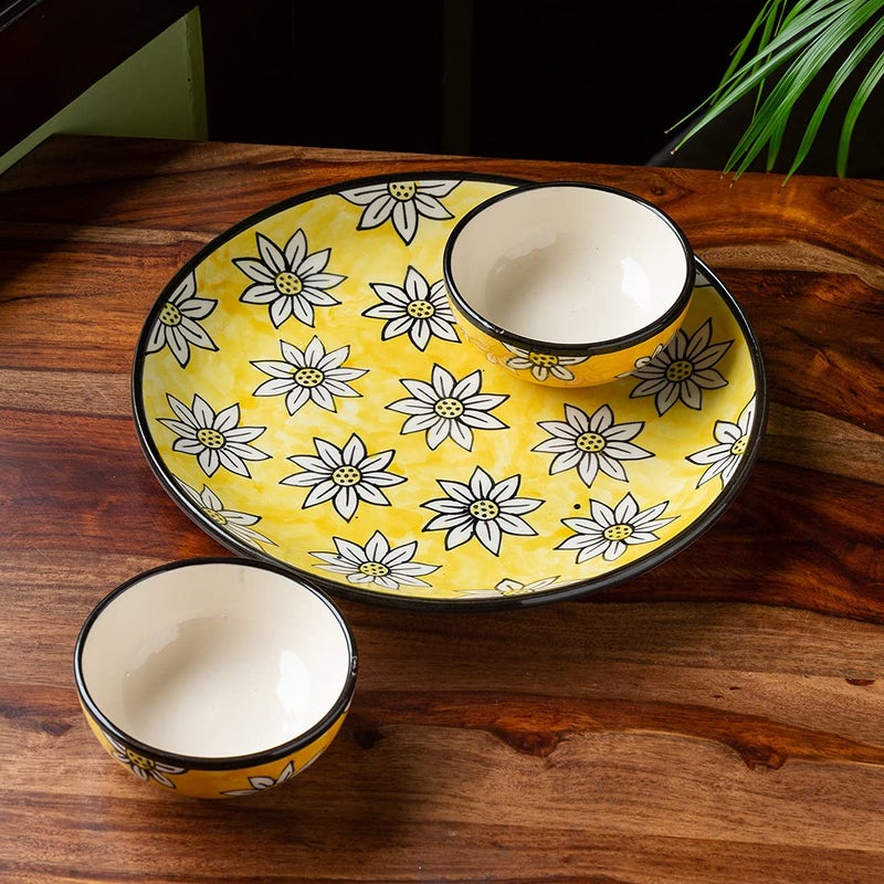 ExclusiveLane 'Californian Sunflowers' Handpainted Ceramic Plates for Dinner Set Ceramic Dinner Plate with Katoris & Ceramic Bowl (3 Pieces, Serving for 1, Dishwasher & Microwave Safe) - Image 1