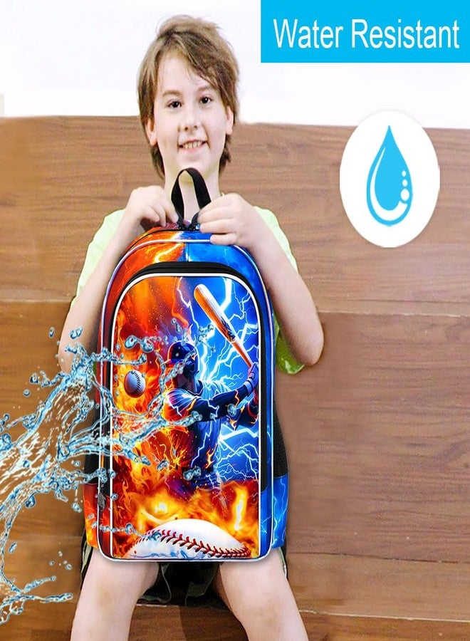 gxtvo 3PCS Boys Baseball Backpack, 17" Kids Bookbag with Lunch Box, Water Resistant Middle Elementary School Bag - Fire & Lightning Baseball Player - Image 3