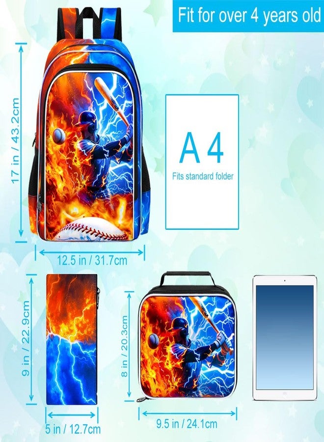 gxtvo 3PCS Boys Baseball Backpack, 17" Kids Bookbag with Lunch Box, Water Resistant Middle Elementary School Bag - Fire & Lightning Baseball Player - Image 4