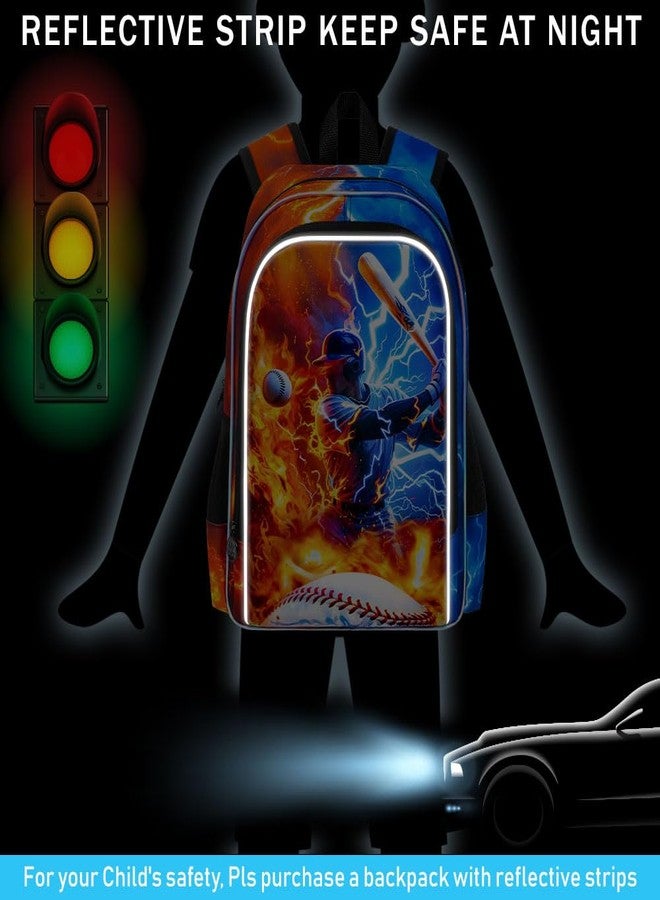 gxtvo 3PCS Boys Baseball Backpack, 17" Kids Bookbag with Lunch Box, Water Resistant Middle Elementary School Bag - Fire & Lightning Baseball Player - Image 2
