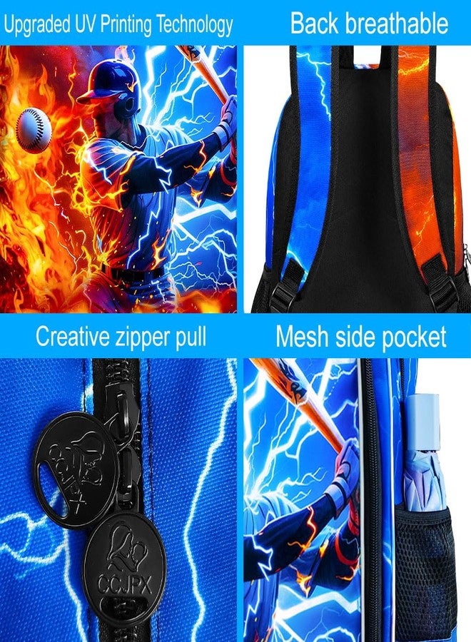 gxtvo 3PCS Boys Baseball Backpack, 17" Kids Bookbag with Lunch Box, Water Resistant Middle Elementary School Bag - Fire & Lightning Baseball Player - Image 5