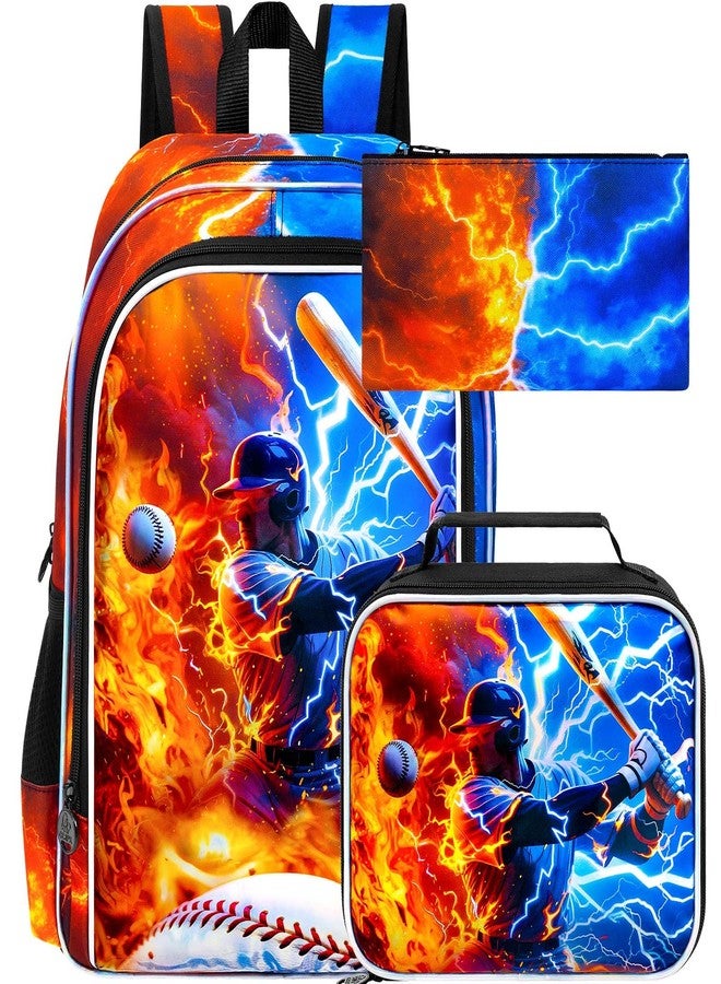 gxtvo 3PCS Boys Baseball Backpack, 17" Kids Bookbag with Lunch Box, Water Resistant Middle Elementary School Bag - Fire & Lightning Baseball Player - Image 1