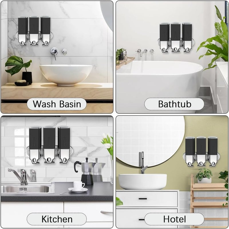 No Drill Soap Dispenser: 3 Pack 500ml Black Square - Drill Free Installation Adhesive Mount Dispenser for Bathroom Kitchen - Image 3