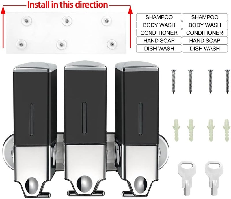 No Drill Soap Dispenser: 3 Pack 500ml Black Square - Drill Free Installation Adhesive Mount Dispenser for Bathroom Kitchen - Image 4
