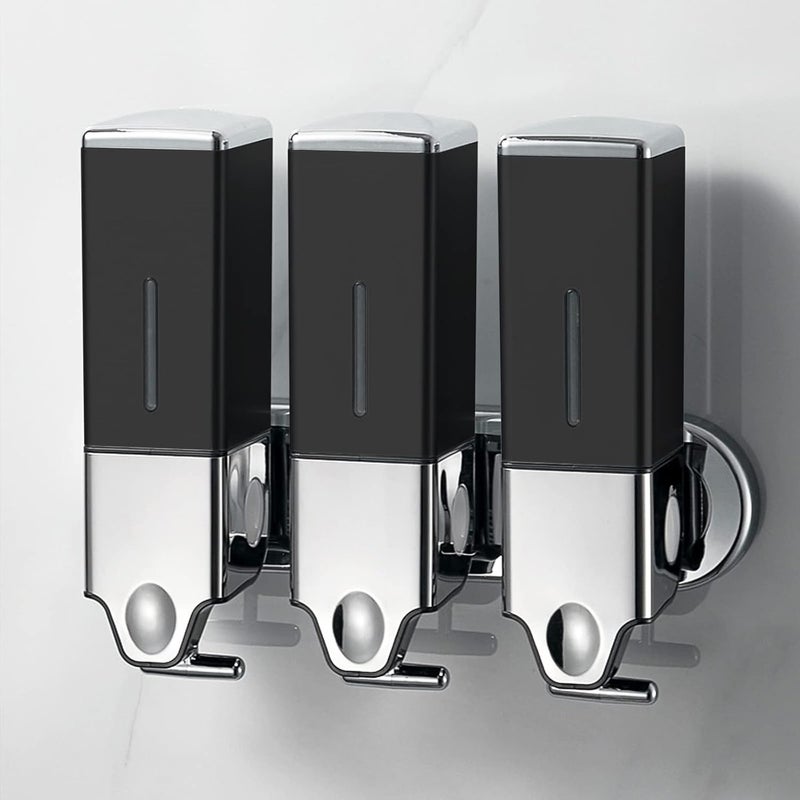 No Drill Soap Dispenser: 3 Pack 500ml Black Square - Drill Free Installation Adhesive Mount Dispenser for Bathroom Kitchen - Image 1