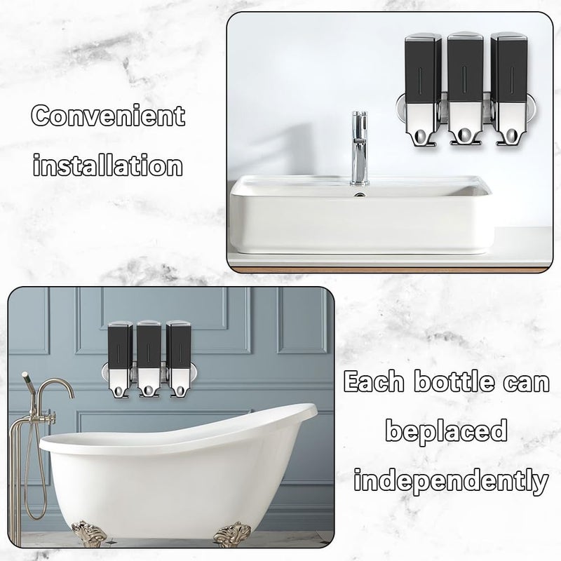 No Drill Soap Dispenser: 3 Pack 500ml Black Square - Drill Free Installation Adhesive Mount Dispenser for Bathroom Kitchen - Image 2