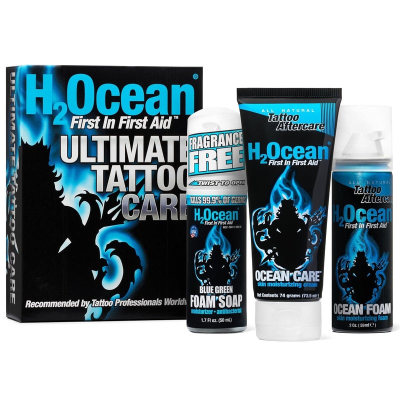 H2Ocean Ultimate Tattoo Care Kit for a Faster Heal  Tattoo Skincare Regimen  17 oz Blue Green Foam Soap 25 oz Ocean Care Skin Moisturizing Cream  2 oz Ocean Foam Skin Moisturizing Soap