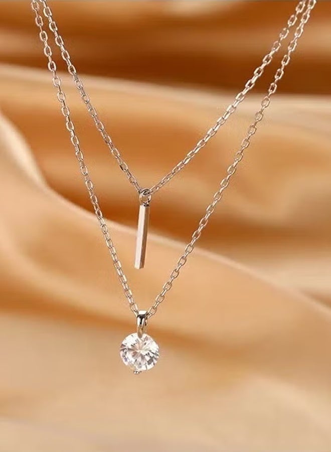 DAEVO Gold Plated Minimalist Double‑Layer Bar & Round Zircon Pendant Necklace Women Dainty Trendy Daily Wedding Anniversary Elegant Statement Gift Jewelry - Image 3
