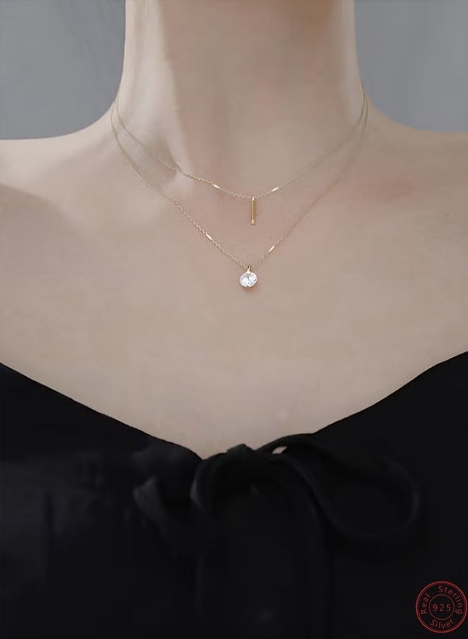 DAEVO Gold Plated Minimalist Double‑Layer Bar & Round Zircon Pendant Necklace Women Dainty Trendy Daily Wedding Anniversary Elegant Statement Gift Jewelry - Image 4