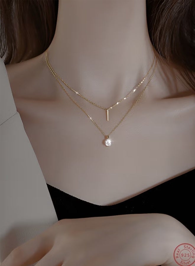 DAEVO Gold Plated Minimalist Double‑Layer Bar & Round Zircon Pendant Necklace Women Dainty Trendy Daily Wedding Anniversary Elegant Statement Gift Jewelry - Image 1