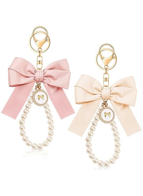Bow Keychain Pink Bow Charm Pearl Wristlet Keyring Keychain for Women Purse Bag Charm