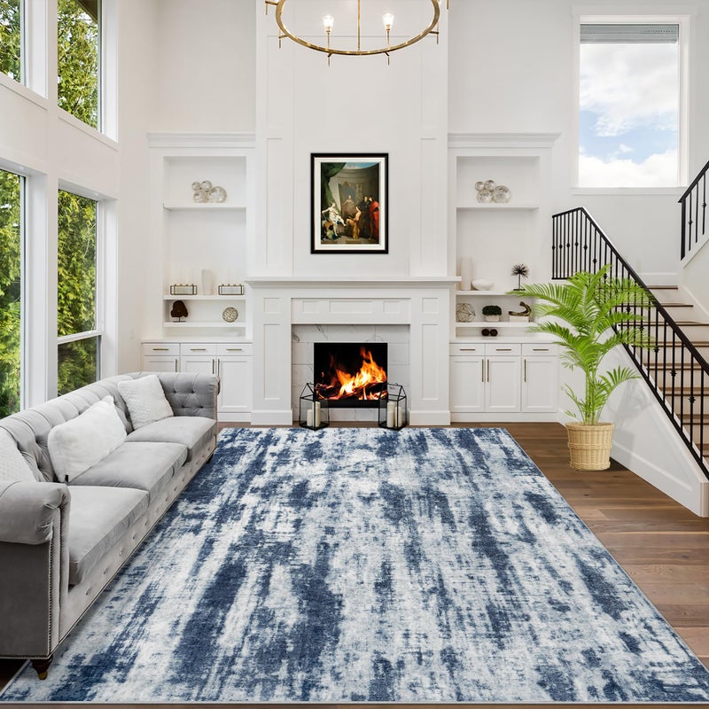 Gent drizz 8x10 Area Rugs Washable Rug: Modern Abstract Living Room Rug Soft Anti-Skid Thin Carpet Indoor Floor Non-Shedding Carpets for Bedroom Dining Room Farmhouse Nursery Home Office Blue Grey - Image 1