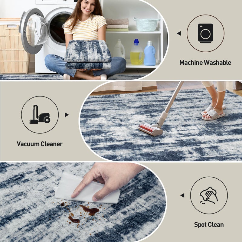 Gent drizz 8x10 Area Rugs Washable Rug: Modern Abstract Living Room Rug Soft Anti-Skid Thin Carpet Indoor Floor Non-Shedding Carpets for Bedroom Dining Room Farmhouse Nursery Home Office Blue Grey - Image 4