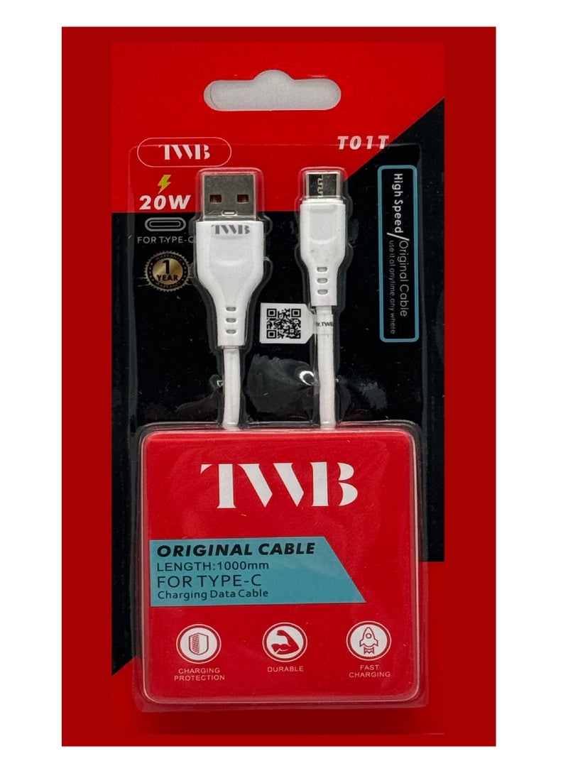 TWB - High quality USB A to USB Type C fast speed Cable Male Charger Cable 1 Meter White - Image 1