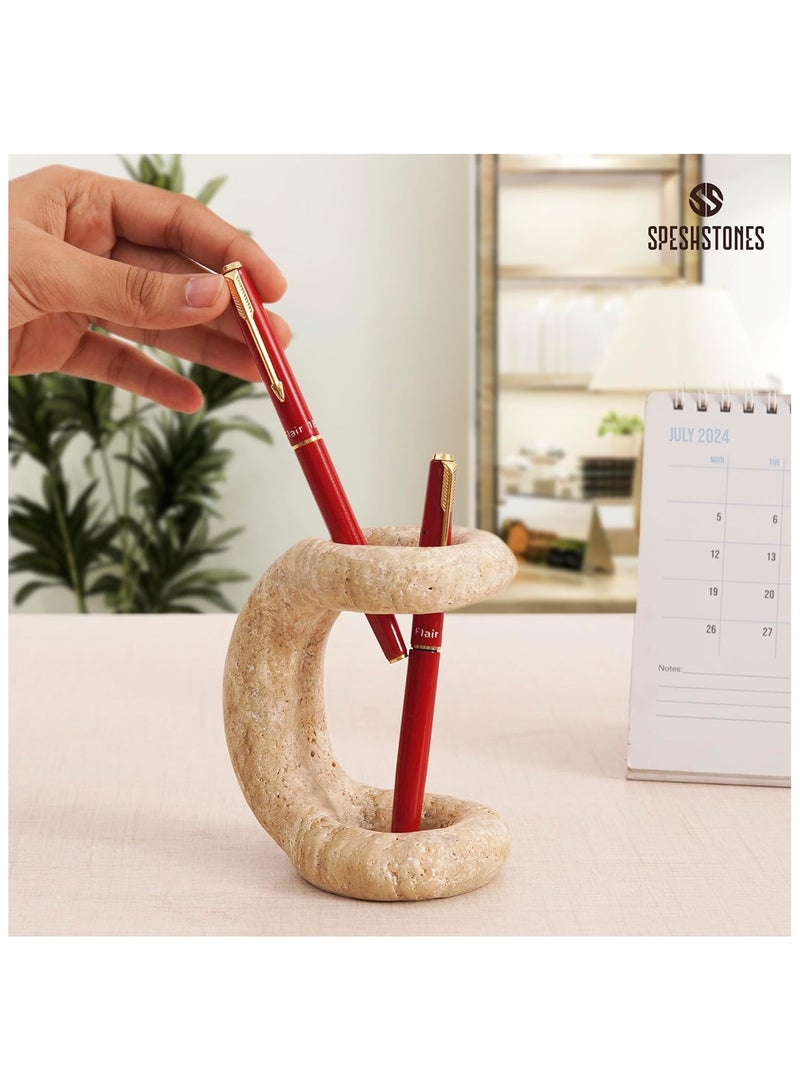 SPESHSTONES Pen Holder 4'' Inches Travertine Handmade Pencil Holder For Desk, Marble Pencil Holder, Travertine Toothbrush Holder, Makeup Brush Holder, Stone Pen Holder for Desk - Image 2