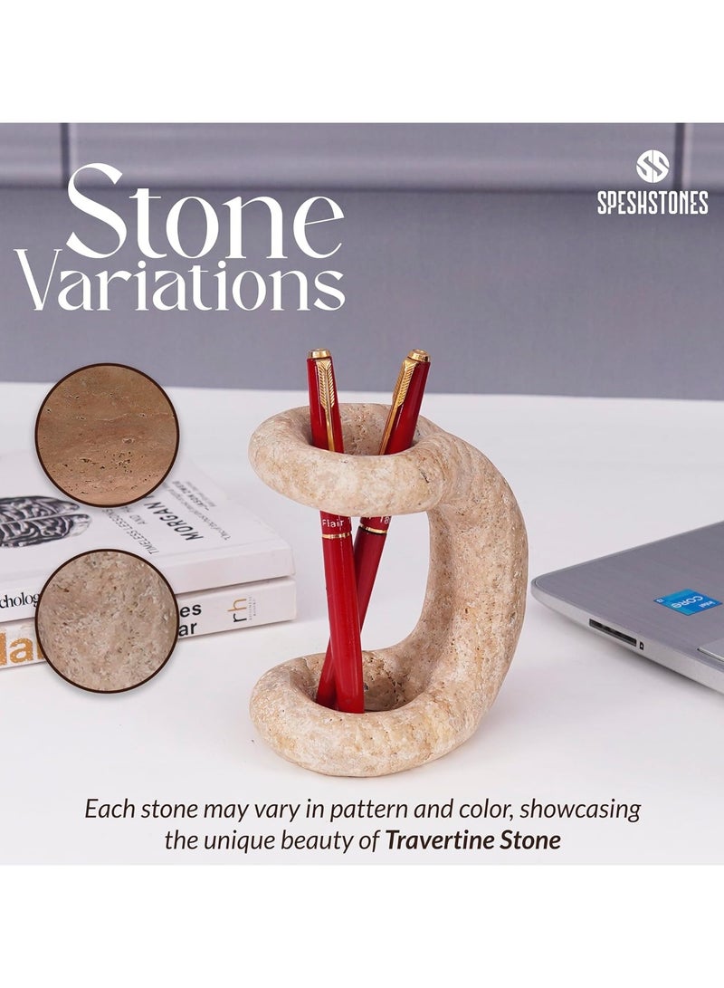 SPESHSTONES Pen Holder 4'' Inches Travertine Handmade Pencil Holder For Desk, Marble Pencil Holder, Travertine Toothbrush Holder, Makeup Brush Holder, Stone Pen Holder for Desk - Image 4
