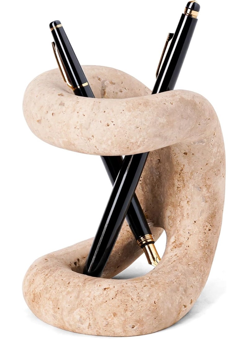 SPESHSTONES Marble Travertine Pen Holder for Desk 4 Inch – Desk Organizer, Makeup Brush Holder, Toothbrush Holder, Bathroom Organizer, Countertop Storage Organizer, Marble Bathroom Accessories - Image 1