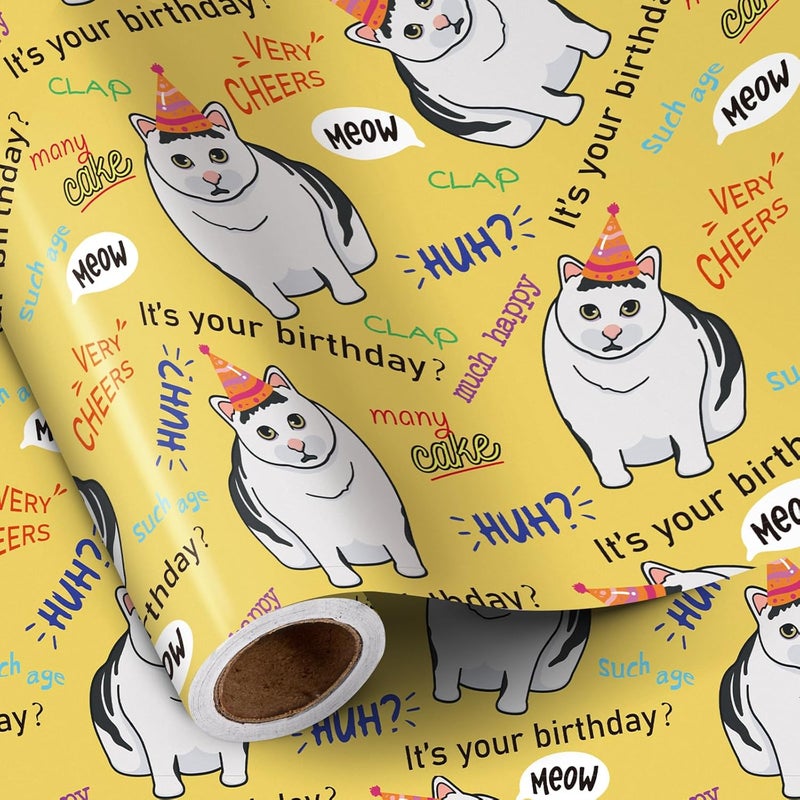 RUSPEPA RUSPEPA Funny Birthday Wrapping Paper  Mini Roll  Happy Birthday Cats Pattern for Birthday Party Gift Wrap and Special Occasions  17 inches x 164 feet  Cat - Image 1