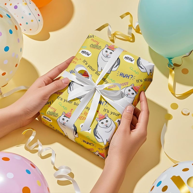 RUSPEPA RUSPEPA Funny Birthday Wrapping Paper  Mini Roll  Happy Birthday Cats Pattern for Birthday Party Gift Wrap and Special Occasions  17 inches x 164 feet  Cat - Image 3