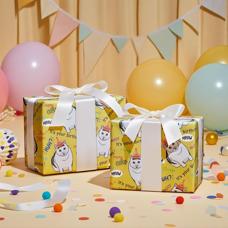 RUSPEPA RUSPEPA Funny Birthday Wrapping Paper  Mini Roll  Happy Birthday Cats Pattern for Birthday Party Gift Wrap and Special Occasions  17 inches x 164 feet  Cat - Image 4