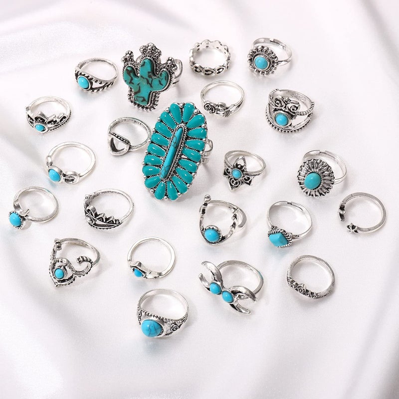 BVGA 40 Pcs Vintage Turquoise Rings for Women Bohemian Silver Oval Gemstone Western Rings Boho Joint Knuckle Midi Stacking Ring Set Gifts - Image 2