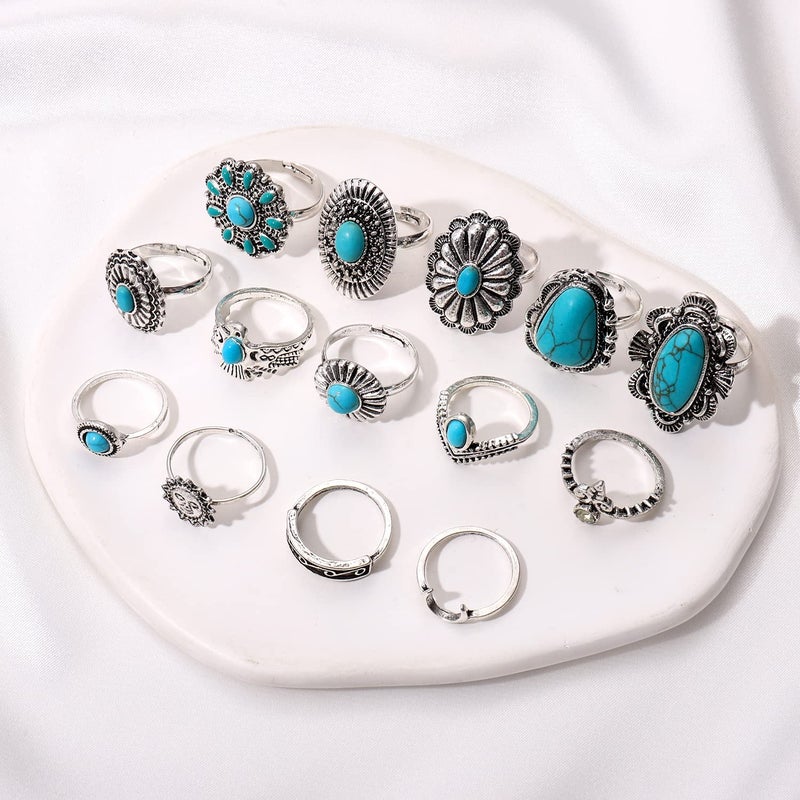 BVGA 40 Pcs Vintage Turquoise Rings for Women Bohemian Silver Oval Gemstone Western Rings Boho Joint Knuckle Midi Stacking Ring Set Gifts - Image 4