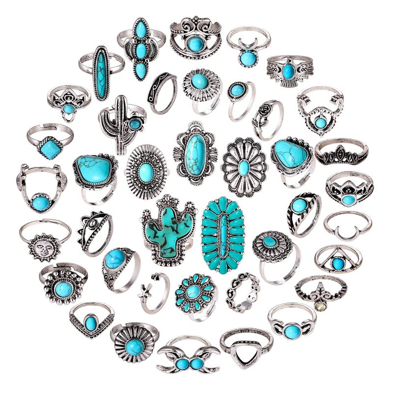 BVGA 40 Pcs Vintage Turquoise Rings for Women Bohemian Silver Oval Gemstone Western Rings Boho Joint Knuckle Midi Stacking Ring Set Gifts - Image 1