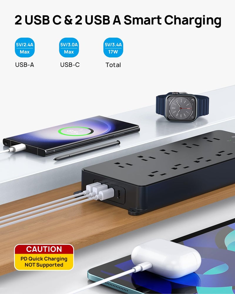 TROND Surge Protector Power Strip with 360° Rotating Flat Plug, 4000J, ETL Listed, 10 Widely Spaced Outlets, 2 USB A and 2 USB C, 5ft Extension Cord, Wall Mountable, for Home Office Garage, Black - Image 5