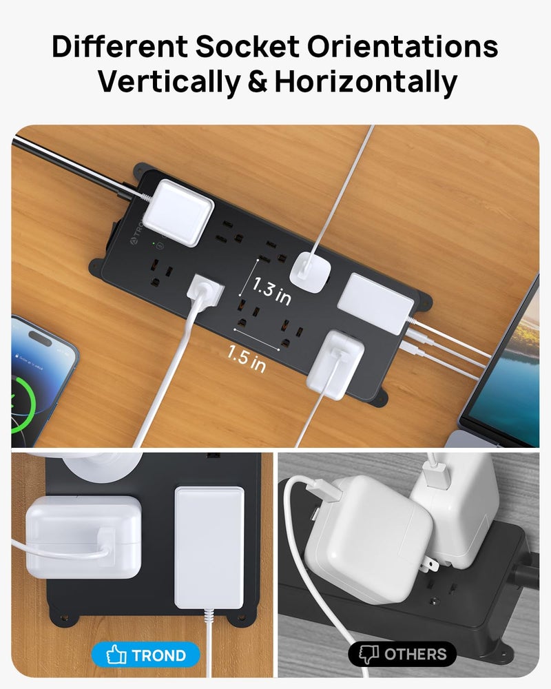 TROND Surge Protector Power Strip with 360° Rotating Flat Plug, 4000J, ETL Listed, 10 Widely Spaced Outlets, 2 USB A and 2 USB C, 5ft Extension Cord, Wall Mountable, for Home Office Garage, Black - Image 4