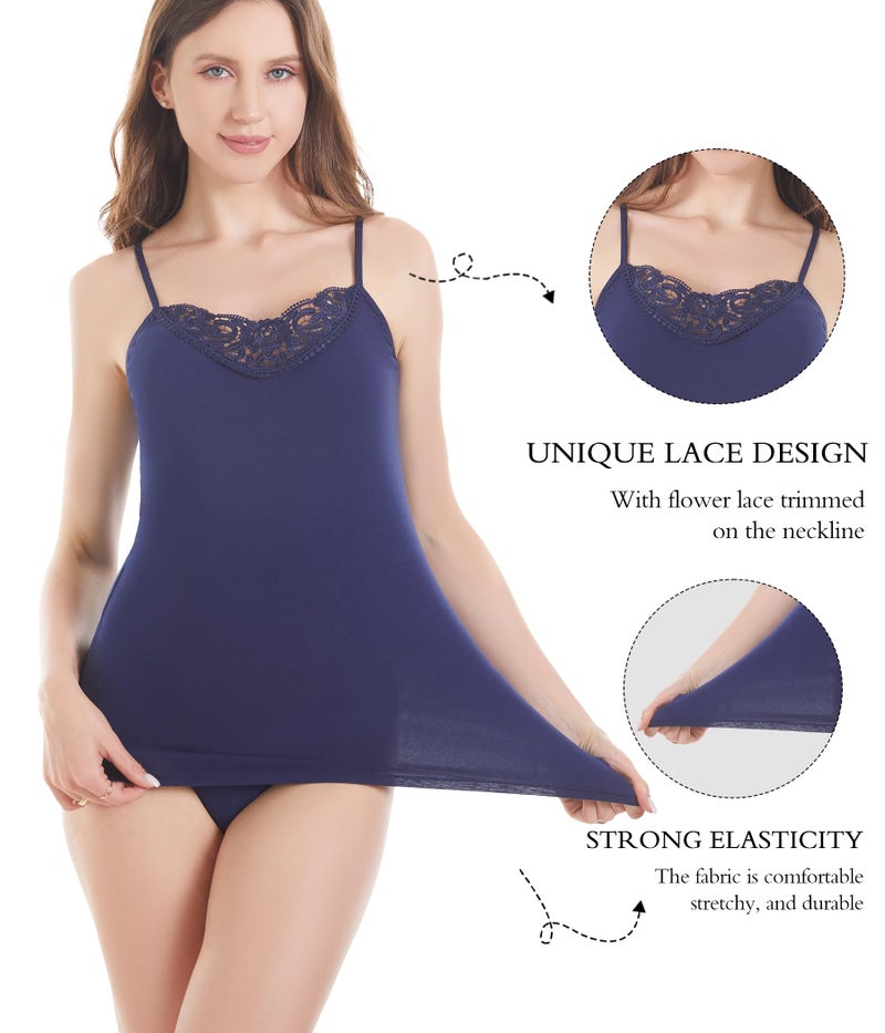 POWER UNICO FLOWER Womens Tank Top Camisoles with Premium Cotton Italian Design - Trimmed with Flower Lace on Neckline (928-Navy, XL) - Image 2