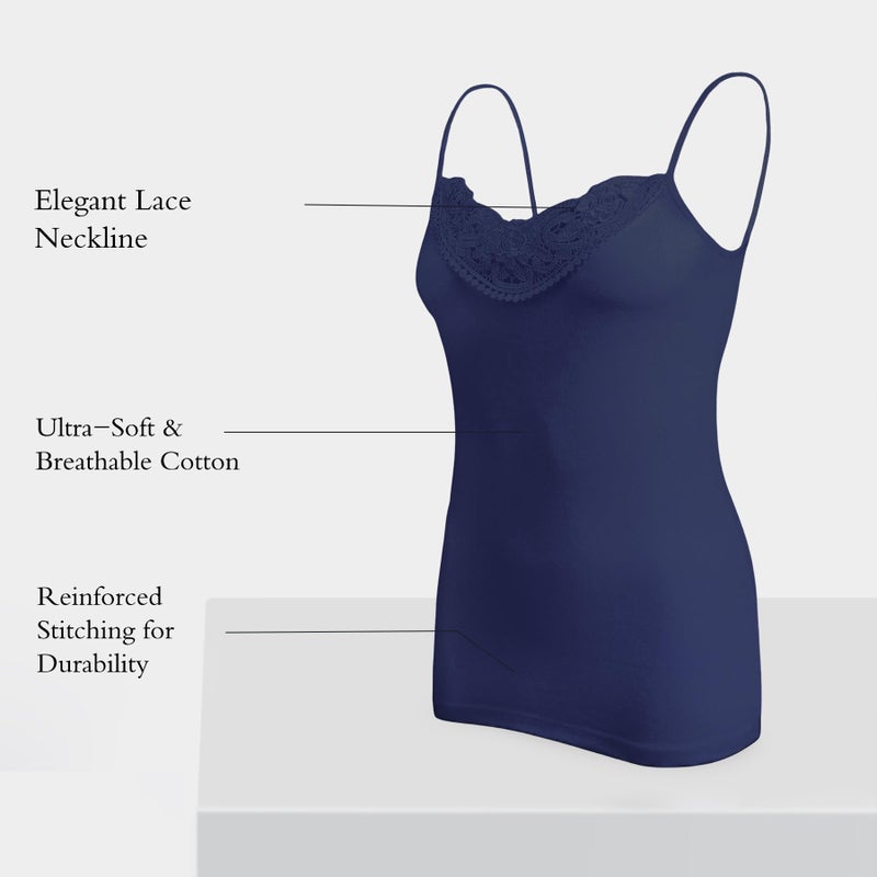 POWER UNICO FLOWER Womens Tank Top Camisoles with Premium Cotton Italian Design - Trimmed with Flower Lace on Neckline (928-Navy, XL) - Image 5