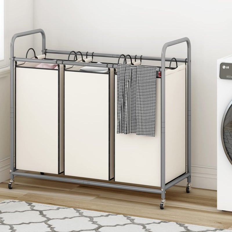 LINZINAR 3-Bag Laundry Sorter,Laundry Hamper Cart with Heavy Duty Rolling Lockable Wheels and Removable Bags (Beige) - Image 4
