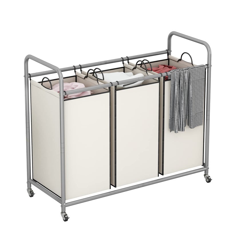 LINZINAR 3-Bag Laundry Sorter,Laundry Hamper Cart with Heavy Duty Rolling Lockable Wheels and Removable Bags (Beige) - Image 1