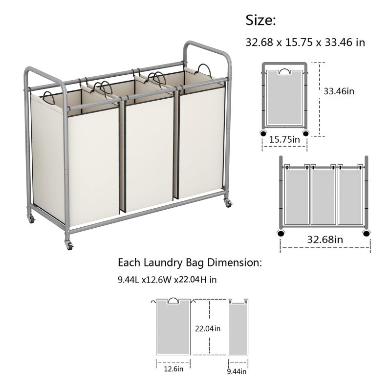 LINZINAR 3-Bag Laundry Sorter,Laundry Hamper Cart with Heavy Duty Rolling Lockable Wheels and Removable Bags (Beige) - Image 5