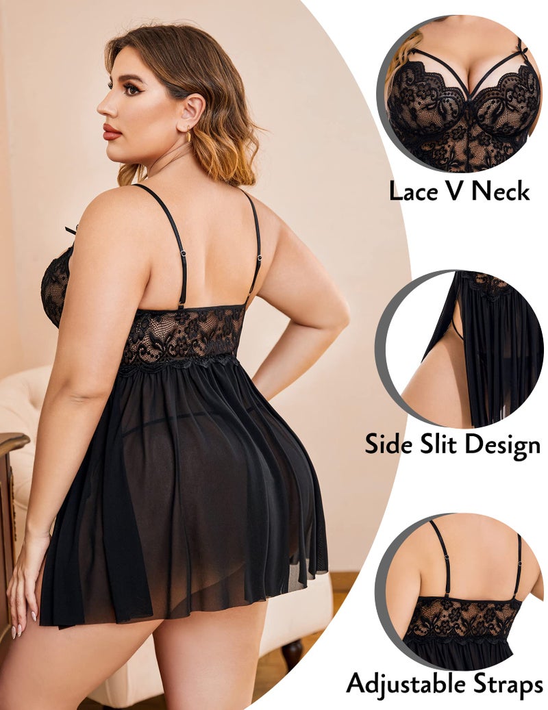 Avidlove Womens Plus Size Lingerie Lace Babydoll Strap Chemise Nightwear V Neck Sleepwear Side Slit Nighties Black - Image 2