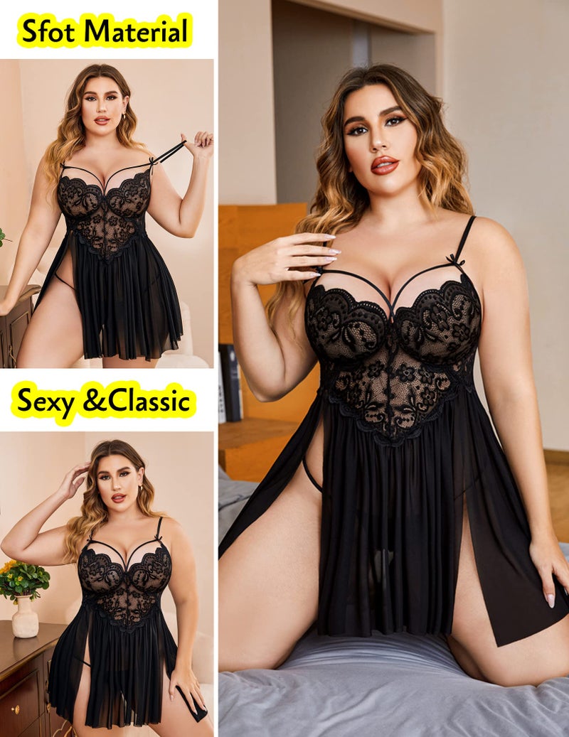 Avidlove Womens Plus Size Lingerie Lace Babydoll Strap Chemise Nightwear V Neck Sleepwear Side Slit Nighties Black - Image 3