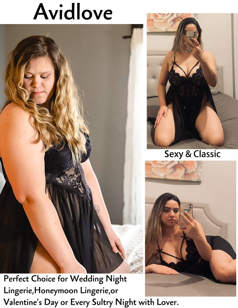 Avidlove Womens Plus Size Lingerie Lace Babydoll Strap Chemise Nightwear V Neck Sleepwear Side Slit Nighties Black - Image 5