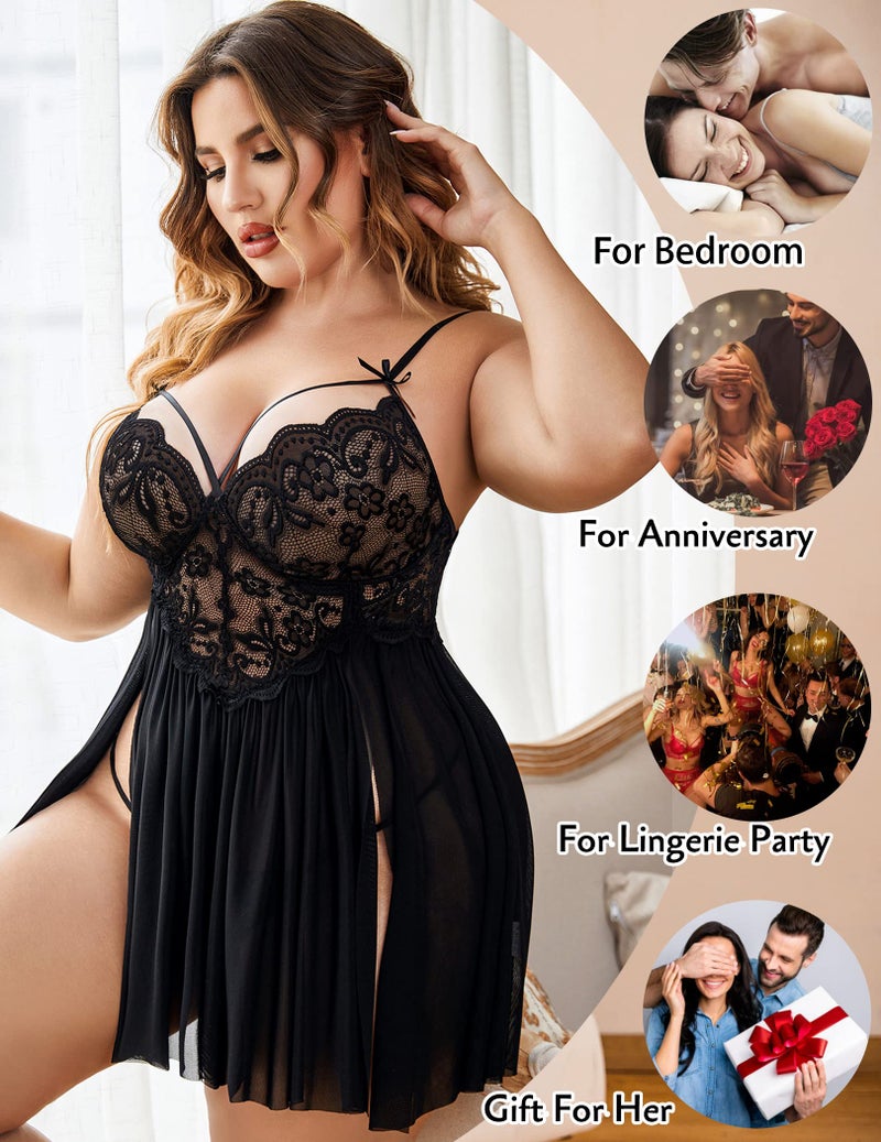 Avidlove Womens Plus Size Lingerie Lace Babydoll Strap Chemise Nightwear V Neck Sleepwear Side Slit Nighties Black - Image 4