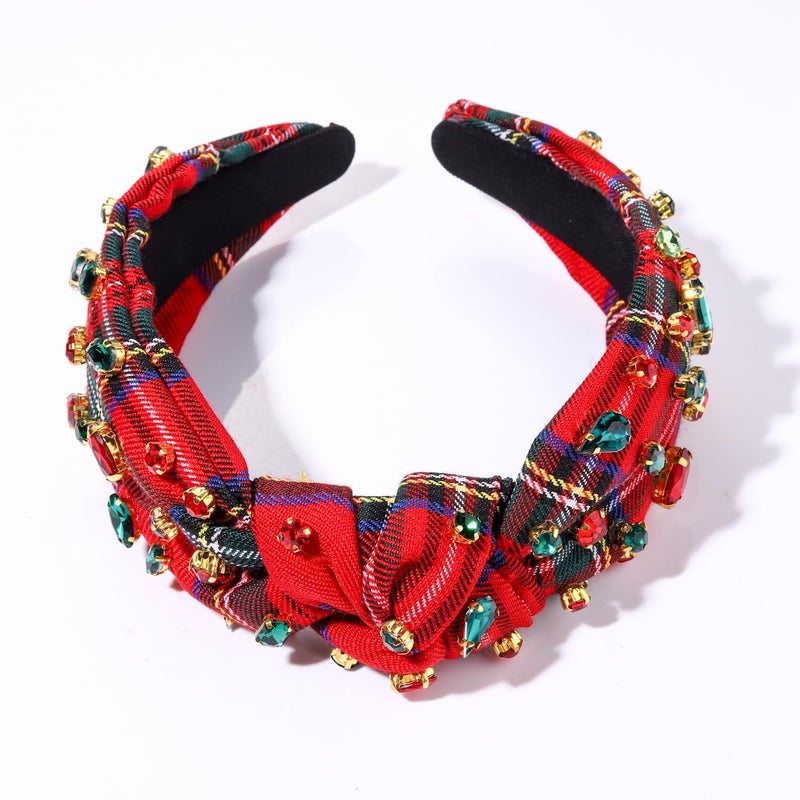 boderier Christmas Headbands for Women Red Plaid Headband Jeweled Crystal Wide Knotted Headband Xmas Holiday Hair Accessories Gifts (Red Plaid) - Image 4