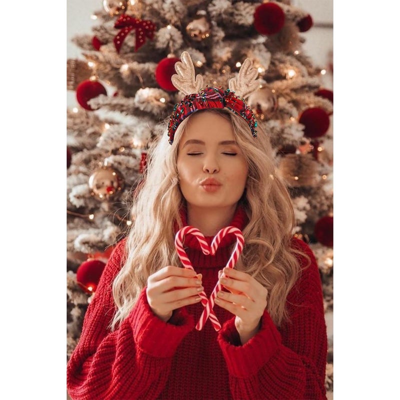 boderier Christmas Headbands for Women Red Plaid Headband Jeweled Crystal Wide Knotted Headband Xmas Holiday Hair Accessories Gifts (Red Plaid) - Image 2