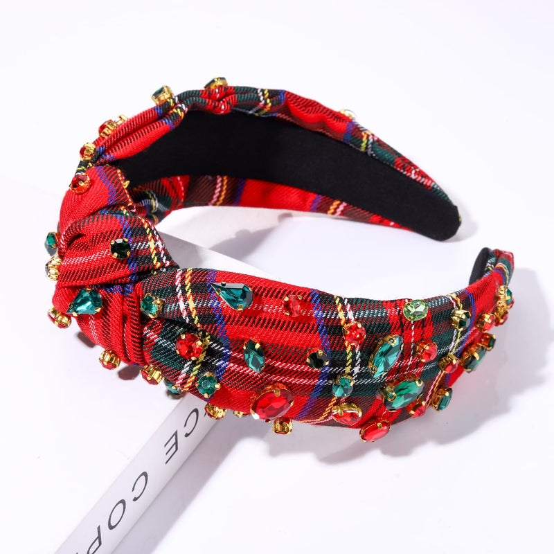 boderier Christmas Headbands for Women Red Plaid Headband Jeweled Crystal Wide Knotted Headband Xmas Holiday Hair Accessories Gifts (Red Plaid) - Image 5