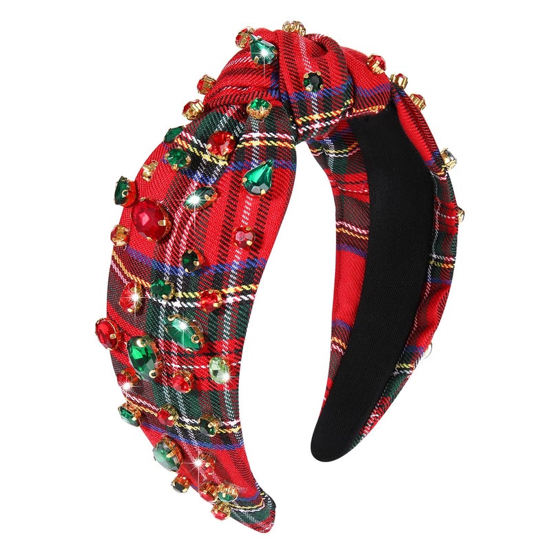boderier Christmas Headbands for Women Red Plaid Headband Jeweled Crystal Wide Knotted Headband Xmas Holiday Hair Accessories Gifts (Red Plaid) - Image 1