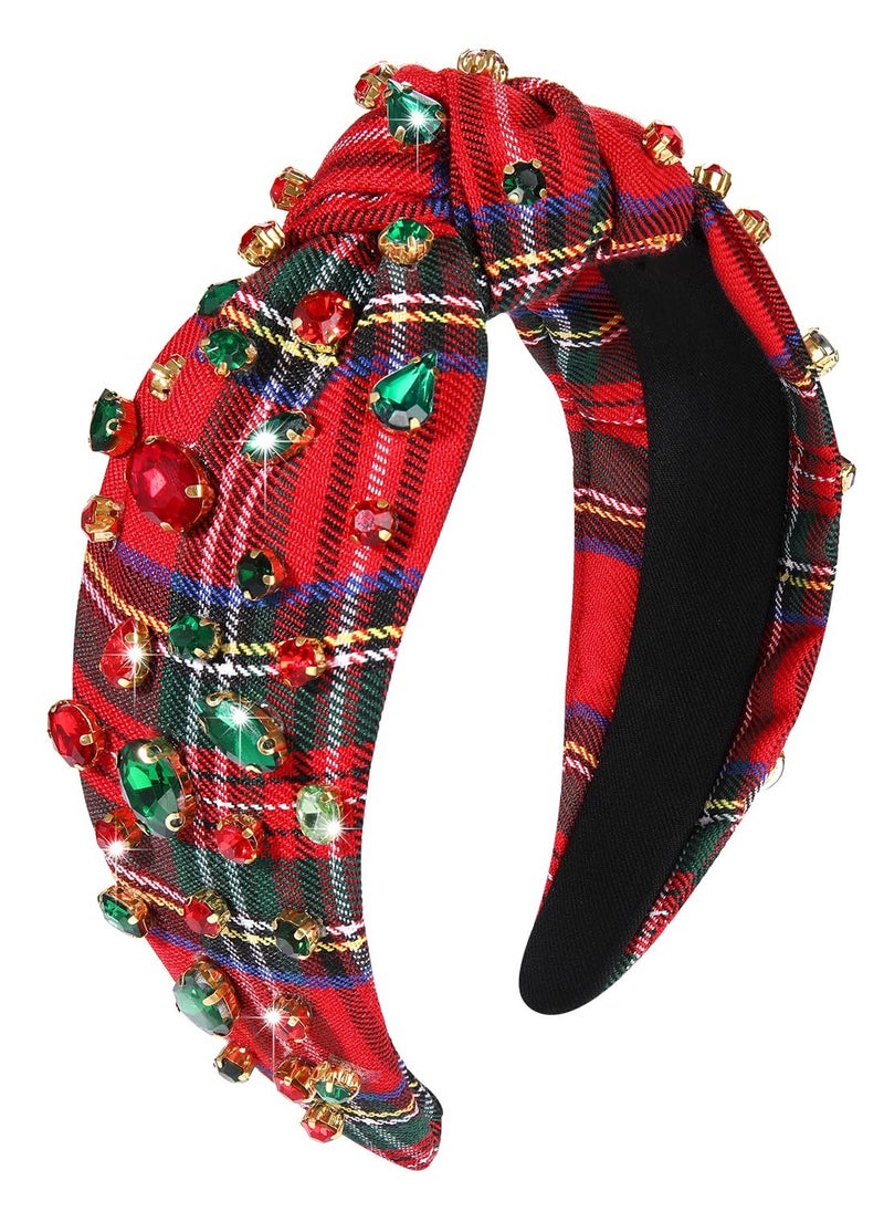 Boderier Christmas Headbands For Women Red Plaid Headband Jeweled Crystal Wide Knotted Headband Xmas Holiday Hair Accessories Gifts (Red Plaid)  - Image 1