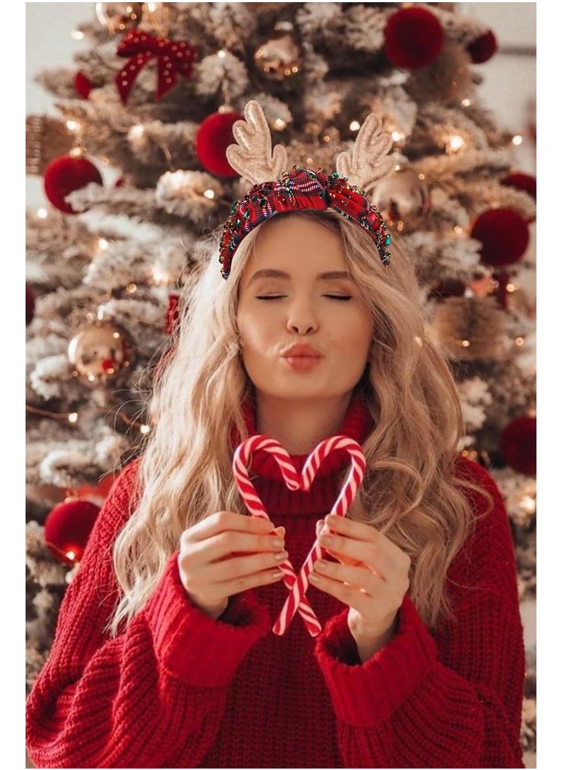 Boderier Christmas Headbands For Women Red Plaid Headband Jeweled Crystal Wide Knotted Headband Xmas Holiday Hair Accessories Gifts (Red Plaid)  - Image 2