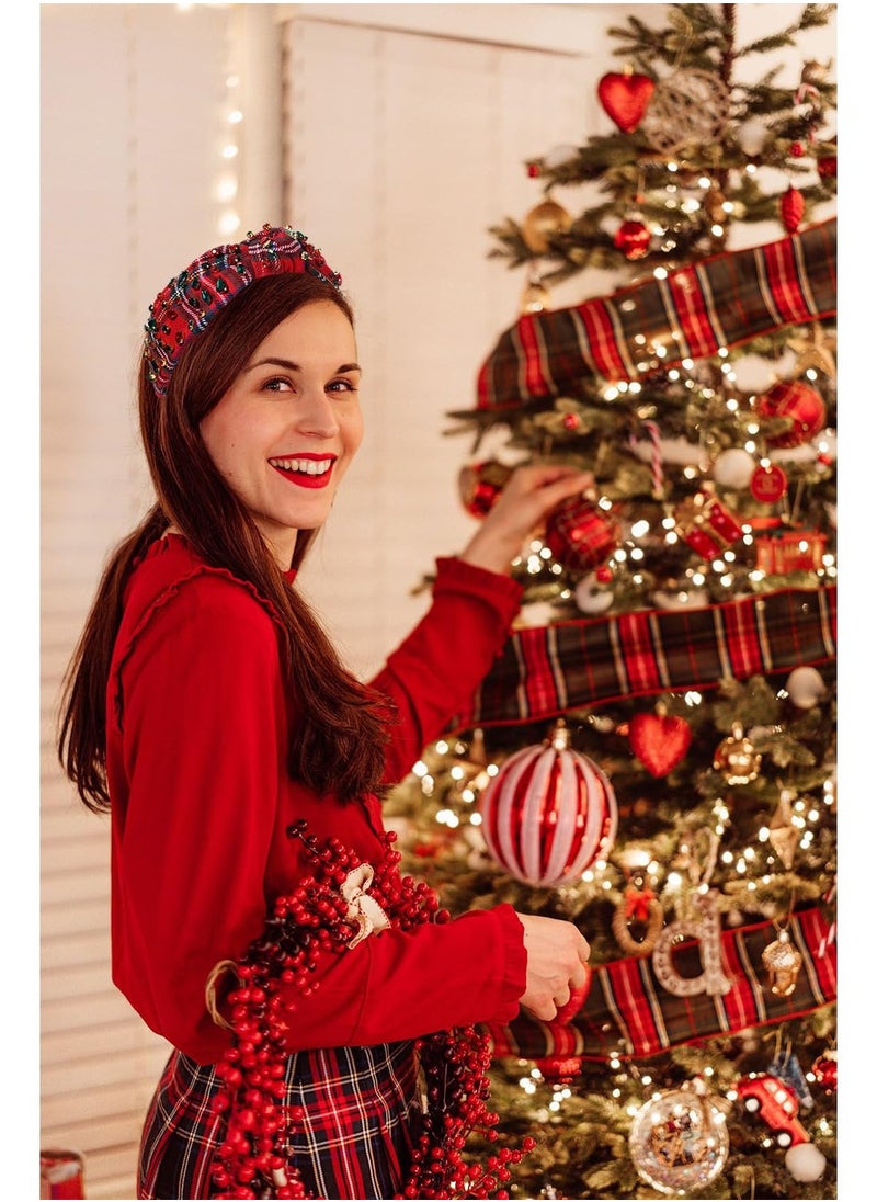 Boderier Christmas Headbands For Women Red Plaid Headband Jeweled Crystal Wide Knotted Headband Xmas Holiday Hair Accessories Gifts (Red Plaid)  - Image 3